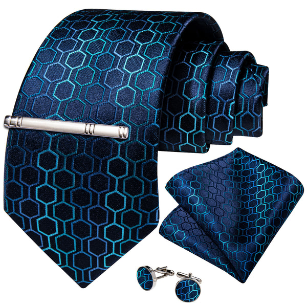 Dark Blue Geometric Silk Tie Pocket Square Cufflinks Set with Tie Clip
