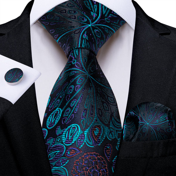 Cyan Black Paisley Silk Men's Tie Pocket Square Cufflinks Set