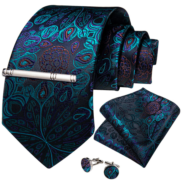 Cyan Black Paisley Silk Tie Pocket Square Cufflinks Set with Tie Clip