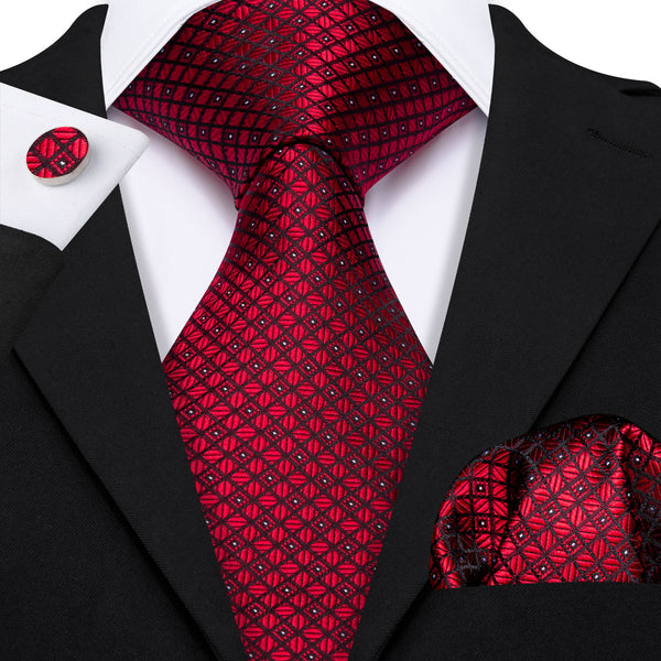 Burgundy Red Plaid Men's Necktie Pocket Square Cufflinks Set