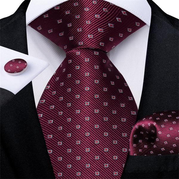 Red Tie Burgundy Jacquard Plaid Men's Silk Easy-pull Tie