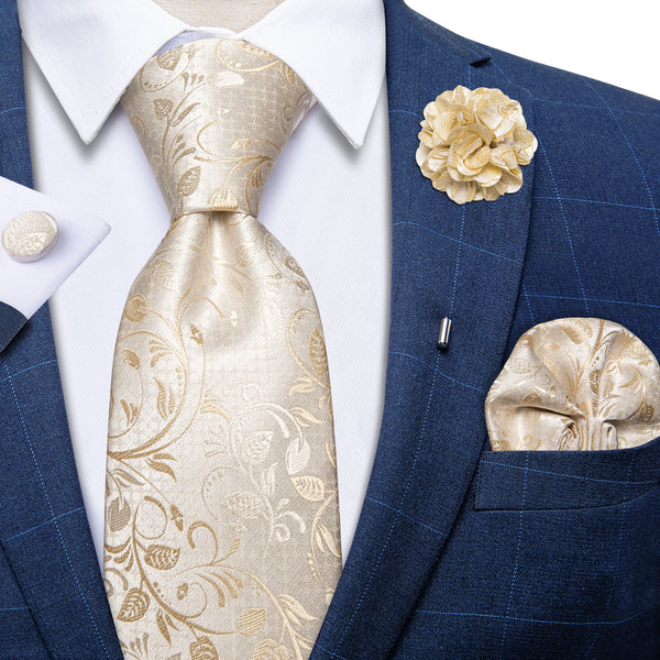 Beige Floral Men's Necktie Pocket Square Cufflinks Set with Lapel Pin