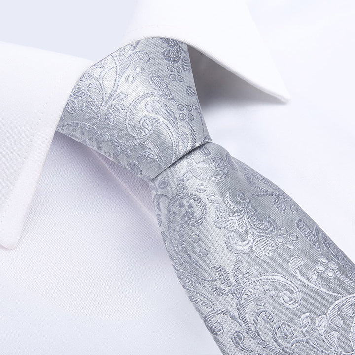 Wedding business gray floral mens silk suit tie pocket square cufflinks set