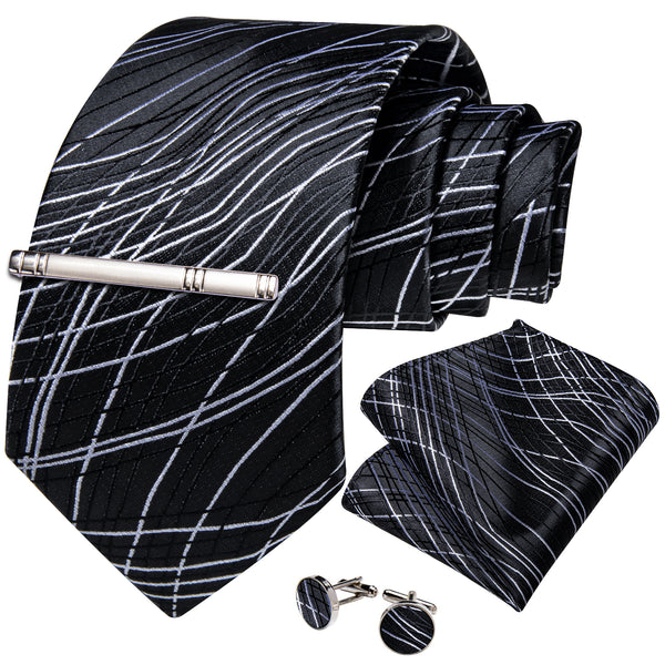 Black White Novelty Silk Men's Necktie Pocket Square Cufflinks Set with Clip