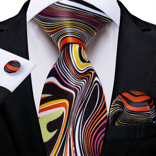 Black Orange Novelty Silk Men's Tie Hanky Cufflinks Set