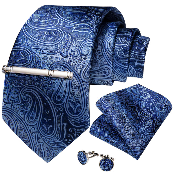 Gradient Blue Paisley Silk Men's Necktie Pocket Square Cufflinks Set with Clip