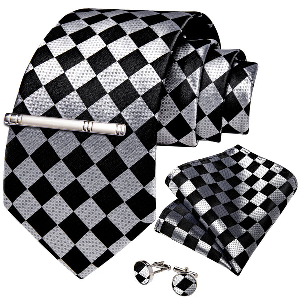 Black Silver Plaid Silk Men's Necktie Pocket Square Cufflinks Set with Clip