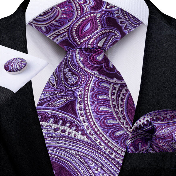 Purple Tie White Jacquard Paisley Men's Silk Easy-pull Tie
