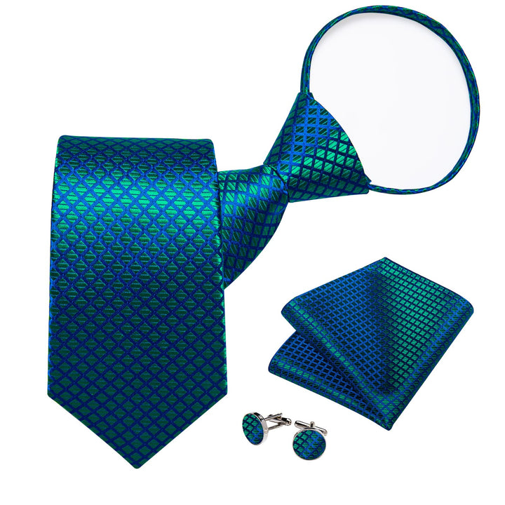 Emerald Green Blue Plaid Lazy Easy-pull Silk Mens Ties Pocket Sqaure Cufflinks Set