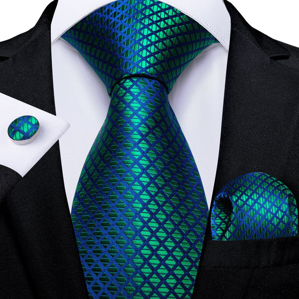  Emerald Green Blue Plaid Lazy Easy-pull Silk Mens Ties Pocket Sqaure Cufflinks Set