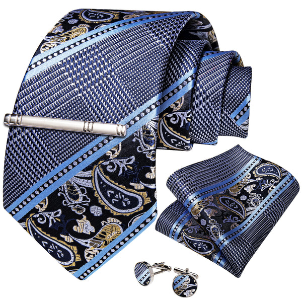 Grey Blue Yellow Paisley Silk Men's Necktie Pocket Square Cufflinks Set with Clip