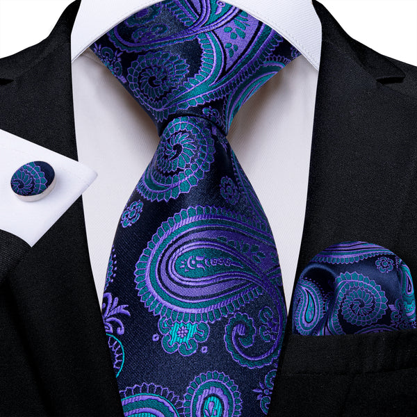 Blue Purple Green Paisley Men's Tie Hanky Cufflinks Set