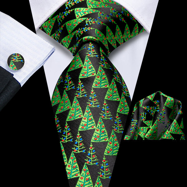 Black Green Christmas Tree Novelty Men's Tie Handkerchief Cufflinks Set
