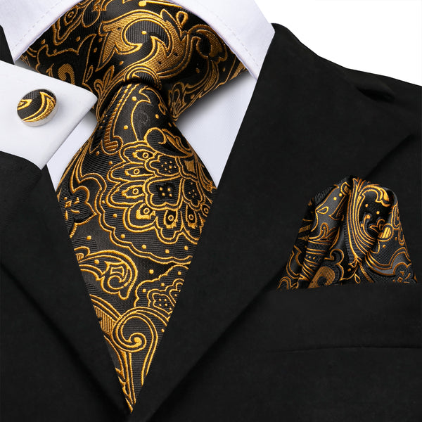 New Ties2you Gold Black Paisley Silk Tie Pocket Square Cufflinks Set