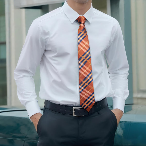 Orange Blue Plaid Silk Men's Tie Hanky Cufflinks Set