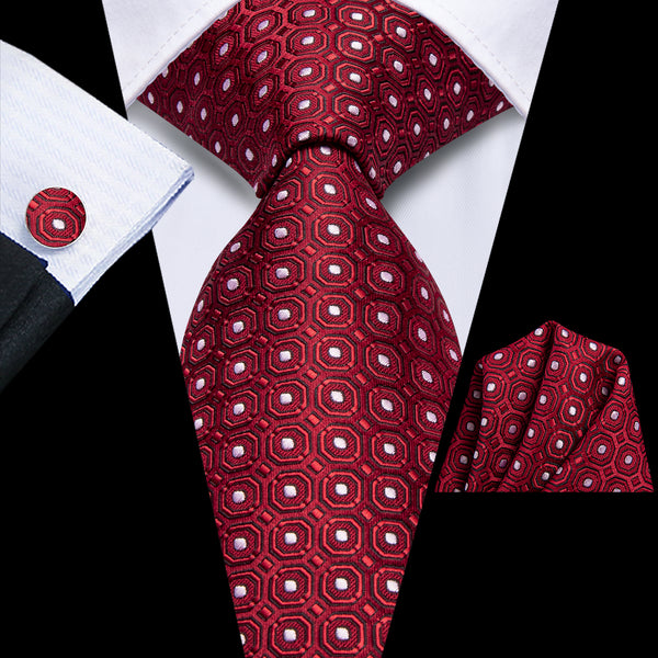 Cherry Red White Polka Dot Men's Necktie Pocket Square Cufflinks Set