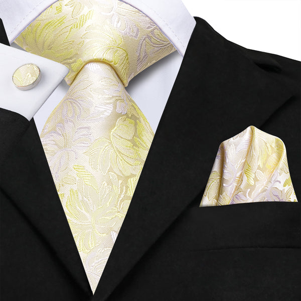 Light Yellow Champagne Floral Silk Tie Pocket Square Cufflinks Set