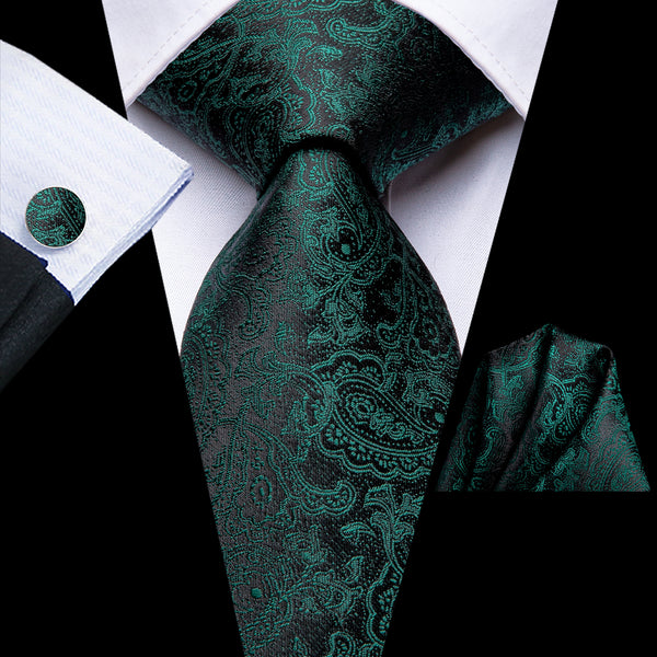 Dark Green Black Paisley Men's Necktie Pocket Square Cufflinks Set