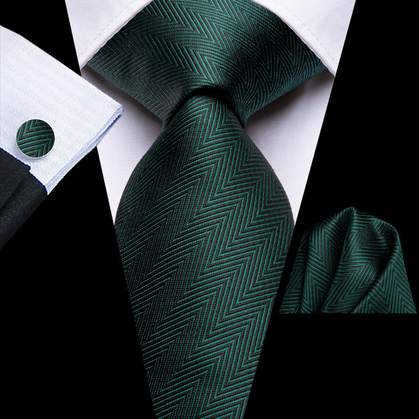 Dark Green Novelty Woven Men's Necktie Pocket Square Cufflinks Set
