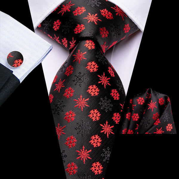 Christmas Black Red Snowflake Men's Necktie Pocket Square Cufflinks Set
