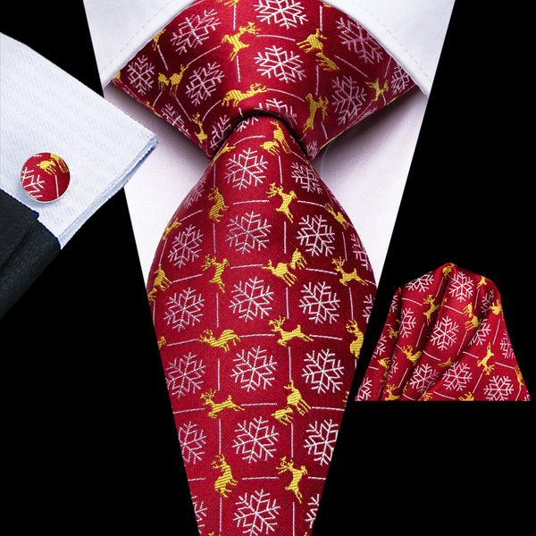 Christmas Red Yellow Snowflake Deer Men's Necktie Pocket Square Cufflinks Set