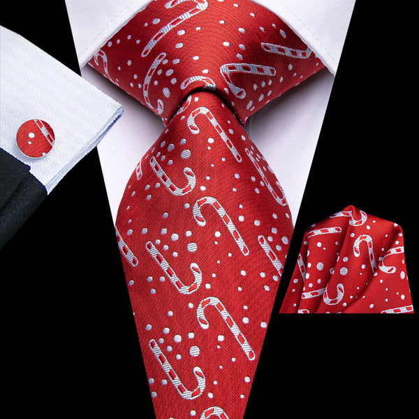 Christmas Red White Dot Crutches Men's Necktie Pocket Square Cufflinks Set