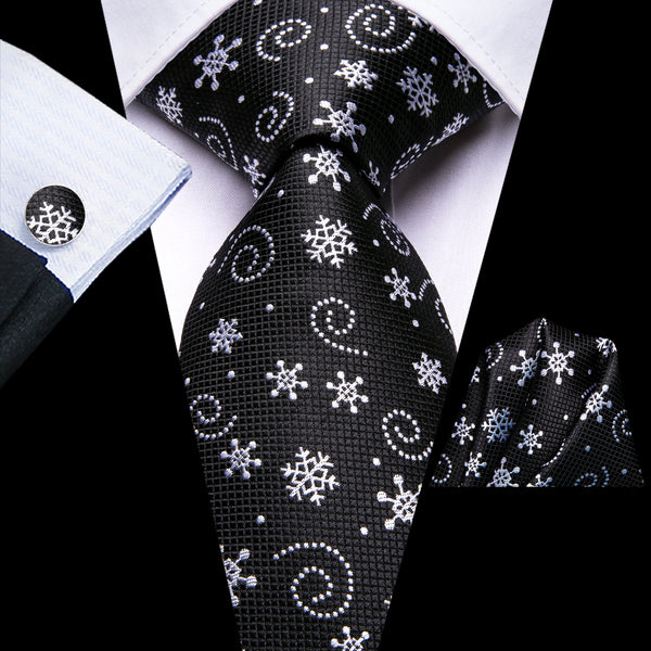 Christmas Black White Snowflake Men's Necktie Pocket Square Cufflinks Set
