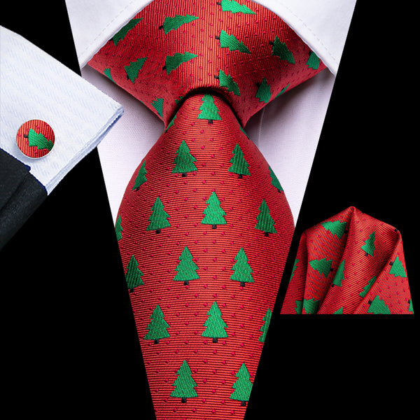 Christmas Red Green Pines Men's Necktie Pocket Square Cufflinks Set
