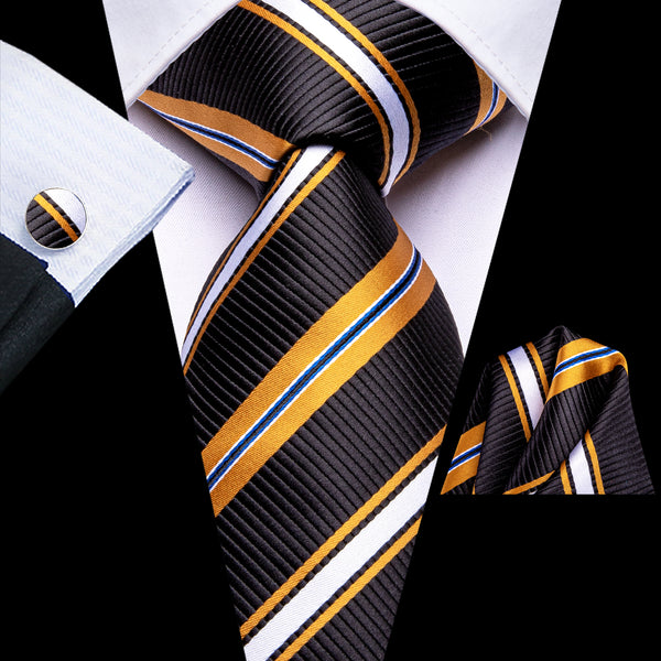 Black Yellow White Striped Men's Necktie Pocket Square Cufflinks Set