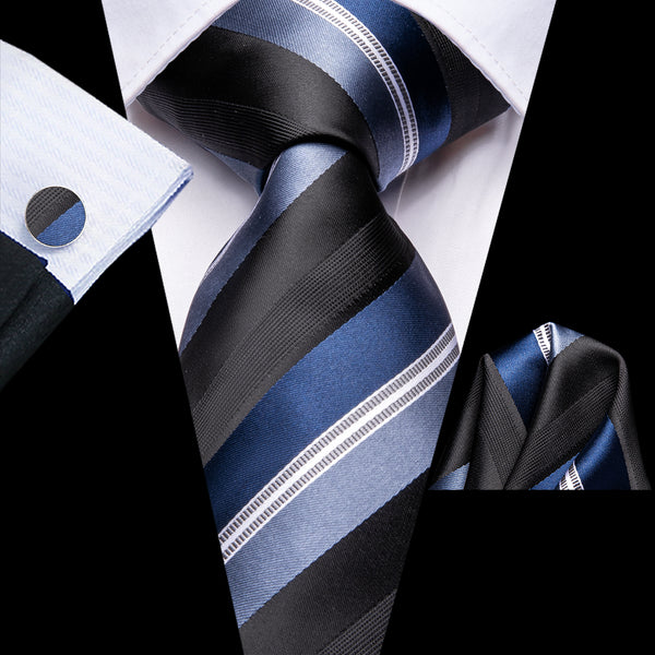 Black Blue White Striped Men's Necktie Pocket Square Cufflinks Set