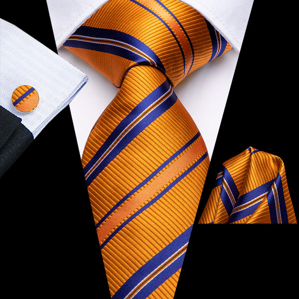 Orange Blue Striped Men's Necktie Pocket Square Cufflinks Set