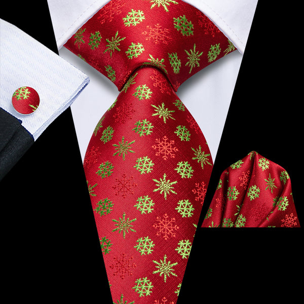 Christmas Red Golden Snow Men's Necktie Hanky Cufflinks Set
