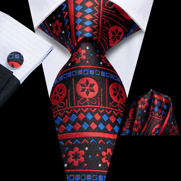 Christmas Black Red Blue Men's Necktie Pocket Square Cufflinks Set