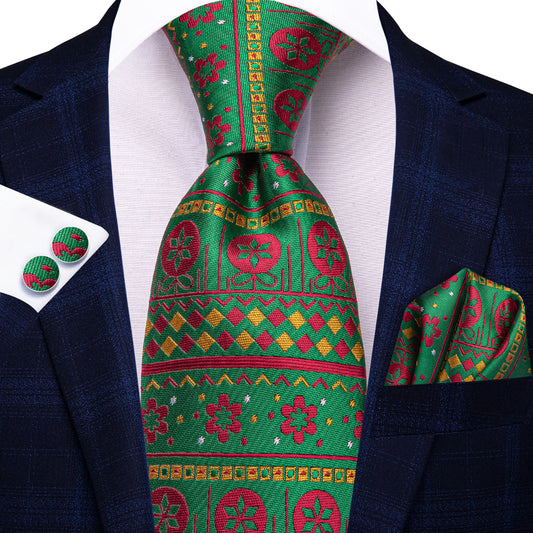 Christmas Green Red Flower Men's Necktie Hanky Cufflinks Set