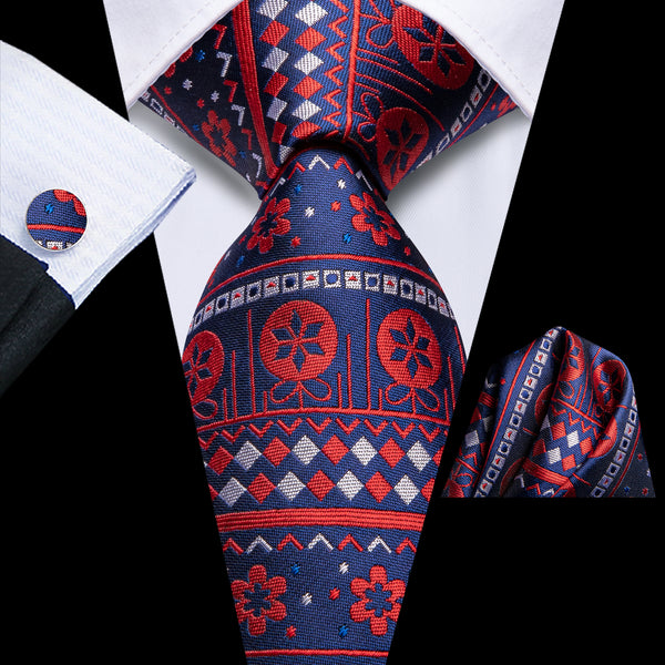 Christmas Navy Blue Red Flower Men's Necktie Hanky Cufflinks Set