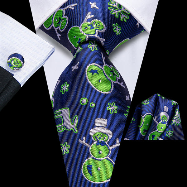 Christmas MediumBlue Green Snowman Men's Necktie Hanky Cufflinks Set