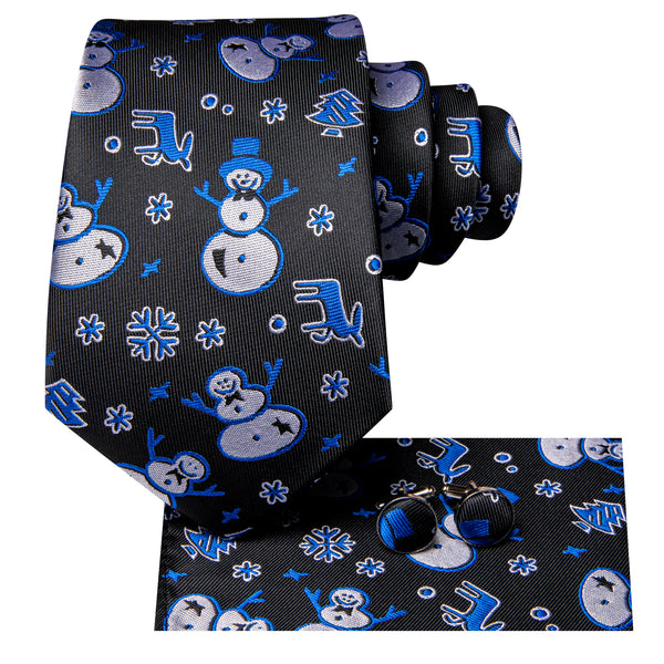 Christmas Black Blue White Snowman Men's Necktie Hanky Cufflinks Set