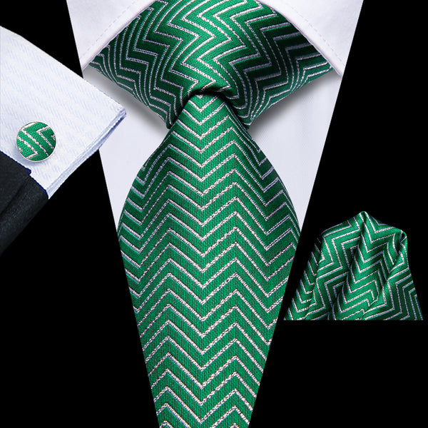 Green Geometric Men's Necktie Hanky Cufflinks Set