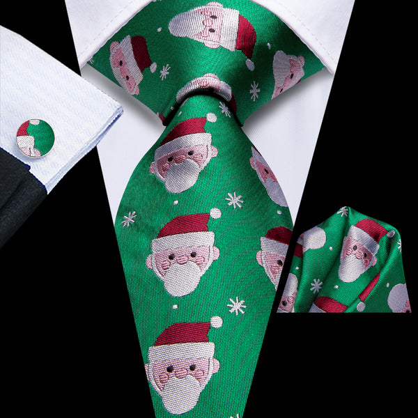 Christmas Green Santa Claus Novelty Men's Necktie Hanky Cufflinks Set