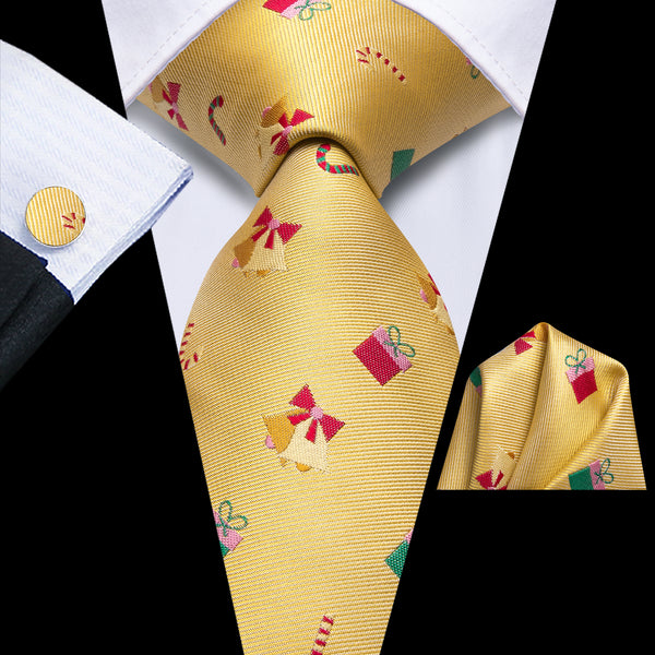 Christmas Jasmine Golden Bell Novelty Men's Necktie Hanky Cufflinks Set