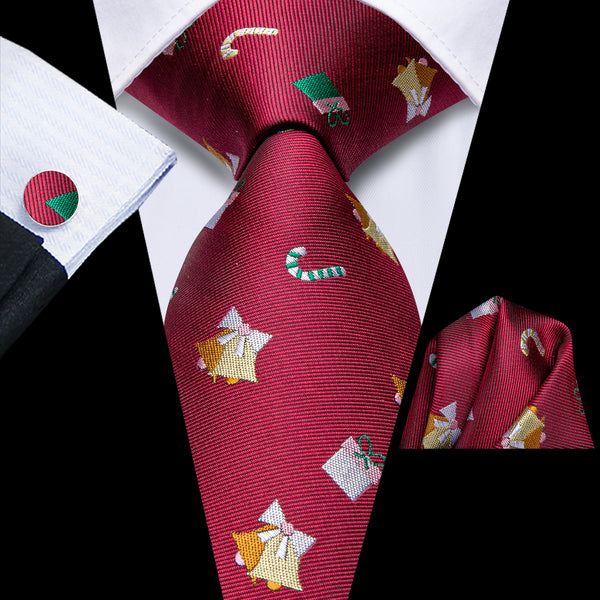 Christmas Dark Red Golden Bell Novelty Men's Necktie Hanky Cufflinks Set