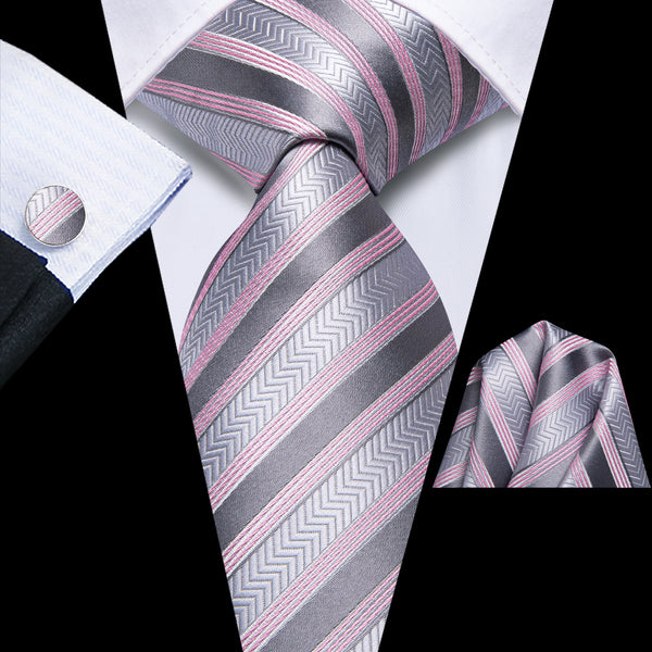 Grey Pink Striped Silk Men's Necktie Pocket Square Cufflinks Set
