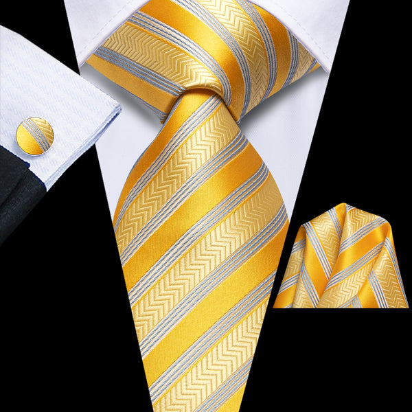 Yellow Silver Striped Silk Men's Necktie Pocket Square Cufflinks Set