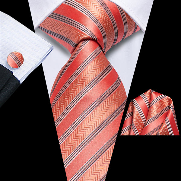 Tomato Grey Striped Silk Men's Necktie Pocket Square Cufflinks Set