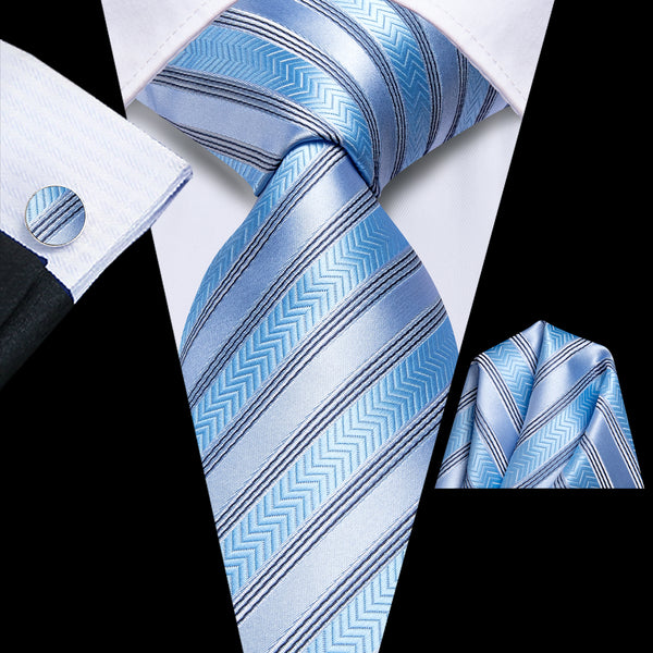 Blue Black Striped Men's Necktie Pocket Square Cufflinks Set