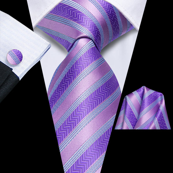 Purple Blue Striped Silk Men's Necktie Pocket Square Cufflinks Set