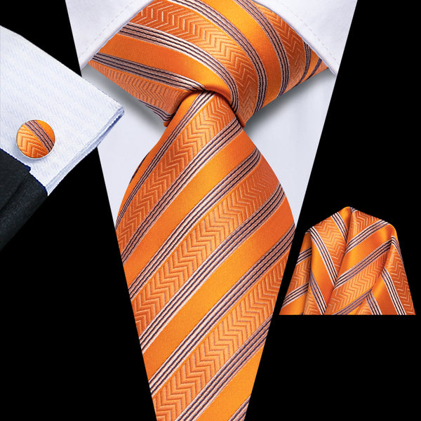 Orange Black Striped Silk Men's Necktie Pocket Square Cufflinks Set