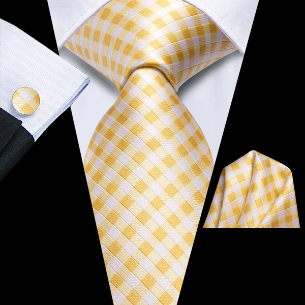 Yellow White Plaid Silk Men's Necktie Pocket Square Cufflinks Set