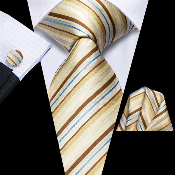 Yellow Brown Striped Silk Men's Necktie Pocket Square Cufflinks Set