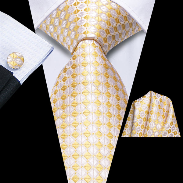 Yellow White Plaid Men's Necktie Pocket Square Cufflinks Set
